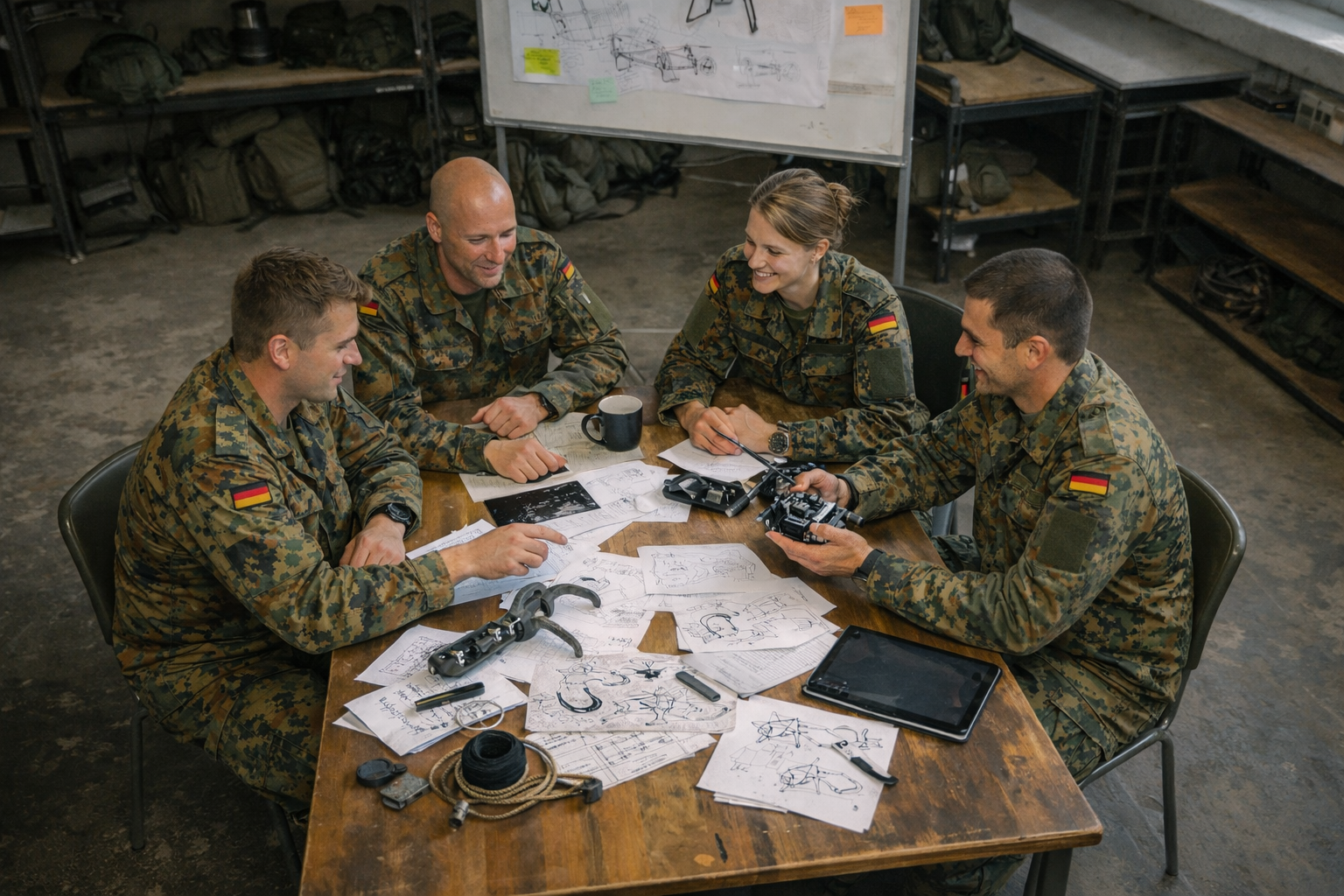Soldiers discussing innovation projects at a table