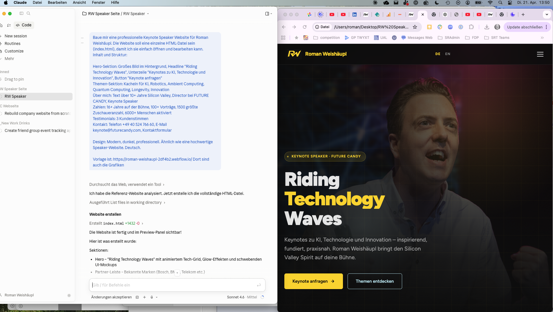 Screenshot der Vibe Coding Session – Roman Weishäupl baut die Speaker-Website mit KI-Unterstützung